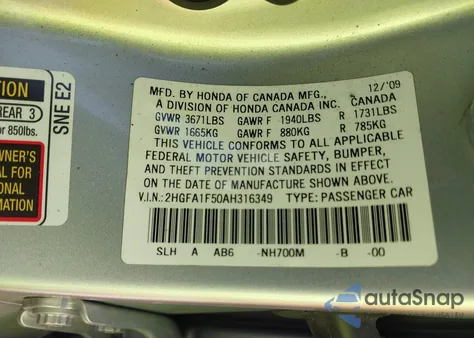 2010 Honda Civic Lx from USA, damaged, VIN 2HGFA1F50AH316349